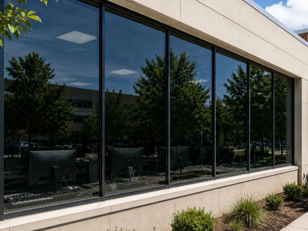 Tinted glazing on an institutional building, reflecting trees and open sky.