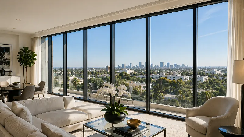Sunlit living room with full-height glass treated to cut heat without dimming the view.